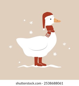 Cute funny cartoon goose in red scarf, Santa Claus hat and boots. Merry Christmas character. Vector isolated illustration