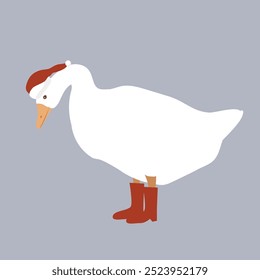 Cute funny cartoon goose in Santa Claus hat and red boots. Merry Christmas character vector illustration. Vector isolated illustration.