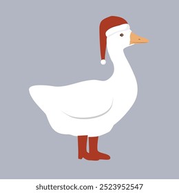 Cute funny cartoon goose in Santa Claus hat and red boots. Merry Christmas character vector illustration. Vector isolated illustration.