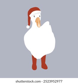 Cute funny cartoon goose in Santa Claus hat and red boots. Merry Christmas character vector illustration. Vector isolated illustration.