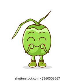Cute, funny cartoon green coconut character. Illustration of a cute green coconut character who is pleased