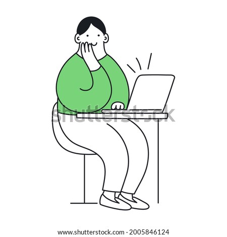A cute funny cartoon guy is sitting in front of the laptop and holds his head with his hand. Listen carefully, self-study, internet surfing, reviewing the information on a laptop.