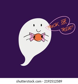 Cute and funny cartoon halloween ghost with speech bubble and Trick Or Treat lettering, holding a candy, isolated on purple background. Hand drawn childish illustration for autumn holidays.