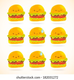 Cute funny cartoon hamburger with eyes emotions set. Vector fast food illustration. 