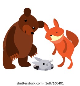 Cute funny cartoon happy bear and fox help get the rabbit out of the hole