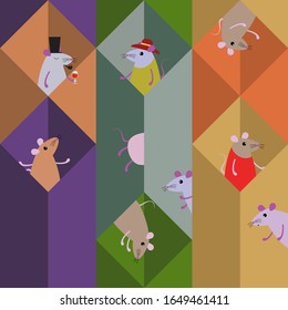 Cute funny cartoon happy little mice sit in multi-colored boxes, seamless texture