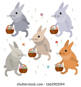 Cute funny cartoon happy little bunnies carry baskets of colored eggs for Easter