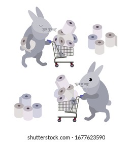Cute funny cartoon happy little rabbits in the market buy toilet paper