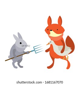 Cute funny cartoon happy little rabbit tries to save a duck from a red fox