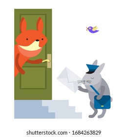 Cute funny cartoon happy little postman rabbit brings a letter to a red fox