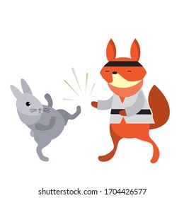 Cute funny cartoon happy little rabbit and red fox practice karate