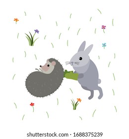 Cute funny cartoon happy rabbit is trying to roll a hedgehog with gloves