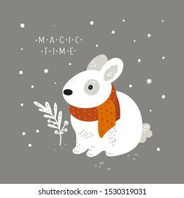 Cute funny cartoon hare forest animal. 
 Adorable bunny isolated on background with snowflakes. Merry Christmas holiday festive Illustration in flat cartoon style for greeting card, poster, print.