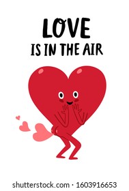 Cute funny cartoon heart farting with heart. Love is in the air title. Humour illustration about love for st. Valentine's Day