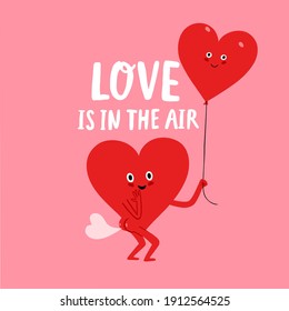 Cute funny cartoon hearts pair. Love is in The Air title. Humour illustration about love for st. Valentine's Day