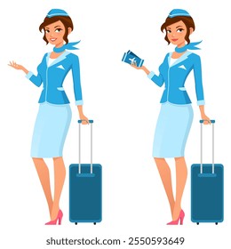 cute and funny cartoon illustration of a young air hostess in blue uniform, welcoming passengers or offering airplane tickets. Isolated on white.