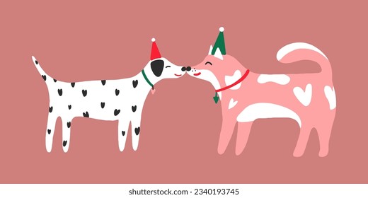 Cute funny cartoon kissing dogs in party hat. Postcard with Dalmatian and Shiba Inu. Vector illustration in for postcards, printing, covering, t shirts. 