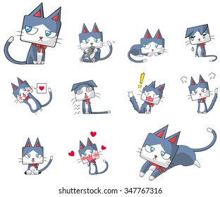 Cute and funny cartoon kitten cat character mascot with ribbon collar in various action and expression icon collection set in Japanese manga style, create by vector. 