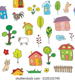 Cute funny cartoon life in the country seamless pattern. Houses, trees, chicken, cat, dog, sheep. Vector illustration.