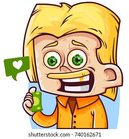 Cute and funny cartoon man with cash or line art style salesman, vector illustration isolated on white background