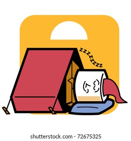 Cute, funny cartoon marshmallow man wearing a stocking cap and sleeping or camping in a tent.