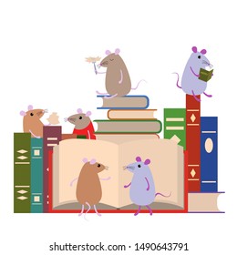 Cute funny cartoon mice and books