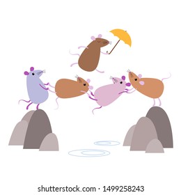 Cute funny cartoon mice cross the stream