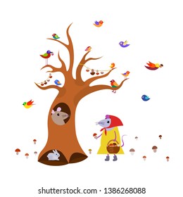 Cute funny cartoon mice gather mushrooms in a forest full of birds