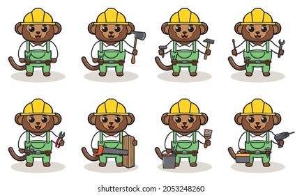 Cute and funny cartoon Monkey being a handyman. Character animal. Cartoon style Handyman with the tools. Children's illustration.