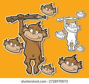Personaje de mono de dibujos animados lindo y divertido colgando de una rama en estilo de pegatina. Ilustración vectorial lúdica perfecta para diseños infantiles, pegatinas, mascotas, branding, pósters y proyectos creativos.