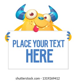 Cute funny cartoon monster holding paper sign or banner
