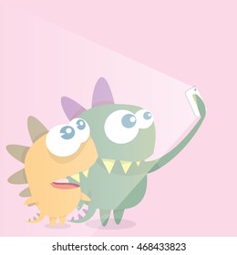 Cute and funny cartoon Monster Taking Selfie Photo on Smart Phone . vector creative illustration