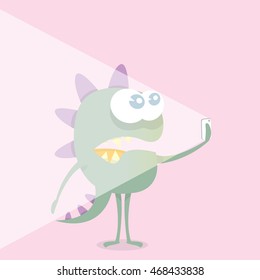 Cute and funny cartoon Monster Taking Selfie Photo on Smart Phone . vector creative illustration