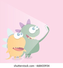 Cute and funny cartoon Monster Taking Selfie Photo on Smart Phone . vector creative illustration