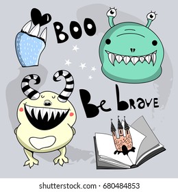 Cute funny cartoon monsters. Colored graphic vector set. All elements are isolated