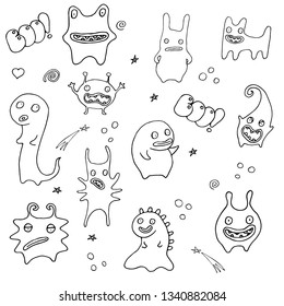 Cute funny cartoon monsters. Objects isolated on white background. Set of elements