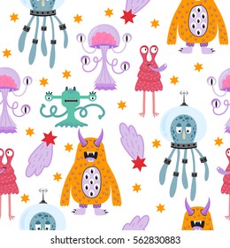 Cute funny cartoon monsters seamless pattern