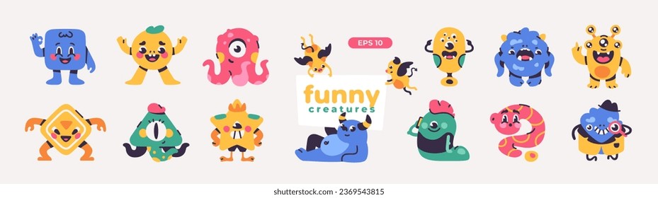 Cute funny cartoon monsters set. Simple shapes. Vector illustration eps10. Funny colorful characters. Different emotions. Simple flat design. Stickers.