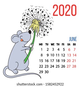Cute funny cartoon mouse with dandellion. 2020 month june calendar. Printable version for table and wall calendars. Simple elements for your designs. Poster, print, sticker, coloring book page.