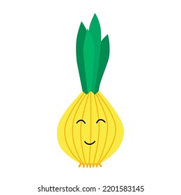 Cute, funny cartoon onion character. Emotions. Food smilie. Vector illustration for children. 