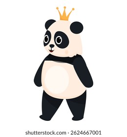 O urso panda de desenhos animados bonito e engraçado vestindo uma coroa dourada está de pé