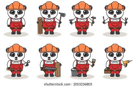 Cute and funny cartoon Panda being a handyman. Character animal. Cartoon style Handyman with the tools. Children's illustration.