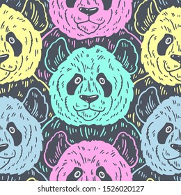 Cute funny cartoon panda seamless pattern. Vector illustration hand drawn in lines. Trendy doodle background