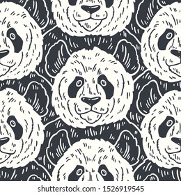 Cute funny cartoon panda seamless pattern. Vector illustration hand drawn in lines. Trendy doodle background