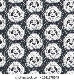 Cute funny cartoon panda seamless pattern. Vector illustration hand drawn in lines. Trendy doodle background