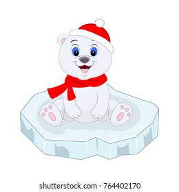 Cute funny cartoon polar bear on ice floe. Vector illustration. 