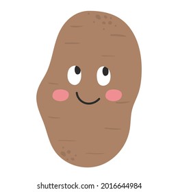 Cute and funny cartoon potato with face expression. Healthy food doodle vegetable vector illustration. Harvest object in flat style showing emotions. Ingredient for salad