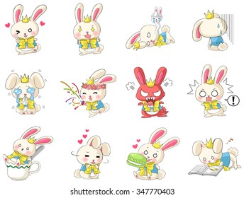 Cute and funny cartoon rabbit character mascot with costume in various action and expression icon collection set in Japanese manga style, create by vector. 