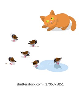 Cute funny cartoon red cat hunts for a flock of sparrows