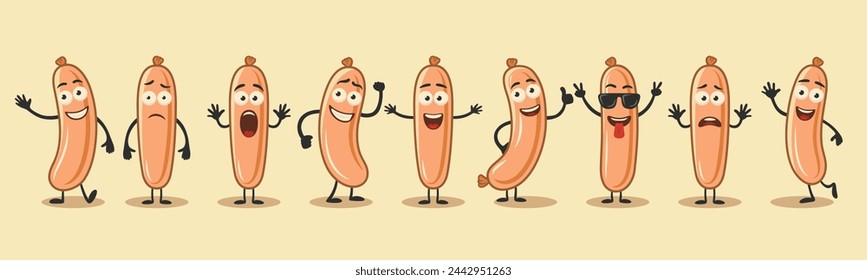 Cute and Funny Cartoon Sausage Characters in Different Poses and Emotions. Flat Cartoon Sausage Character Set. Vector Illustration